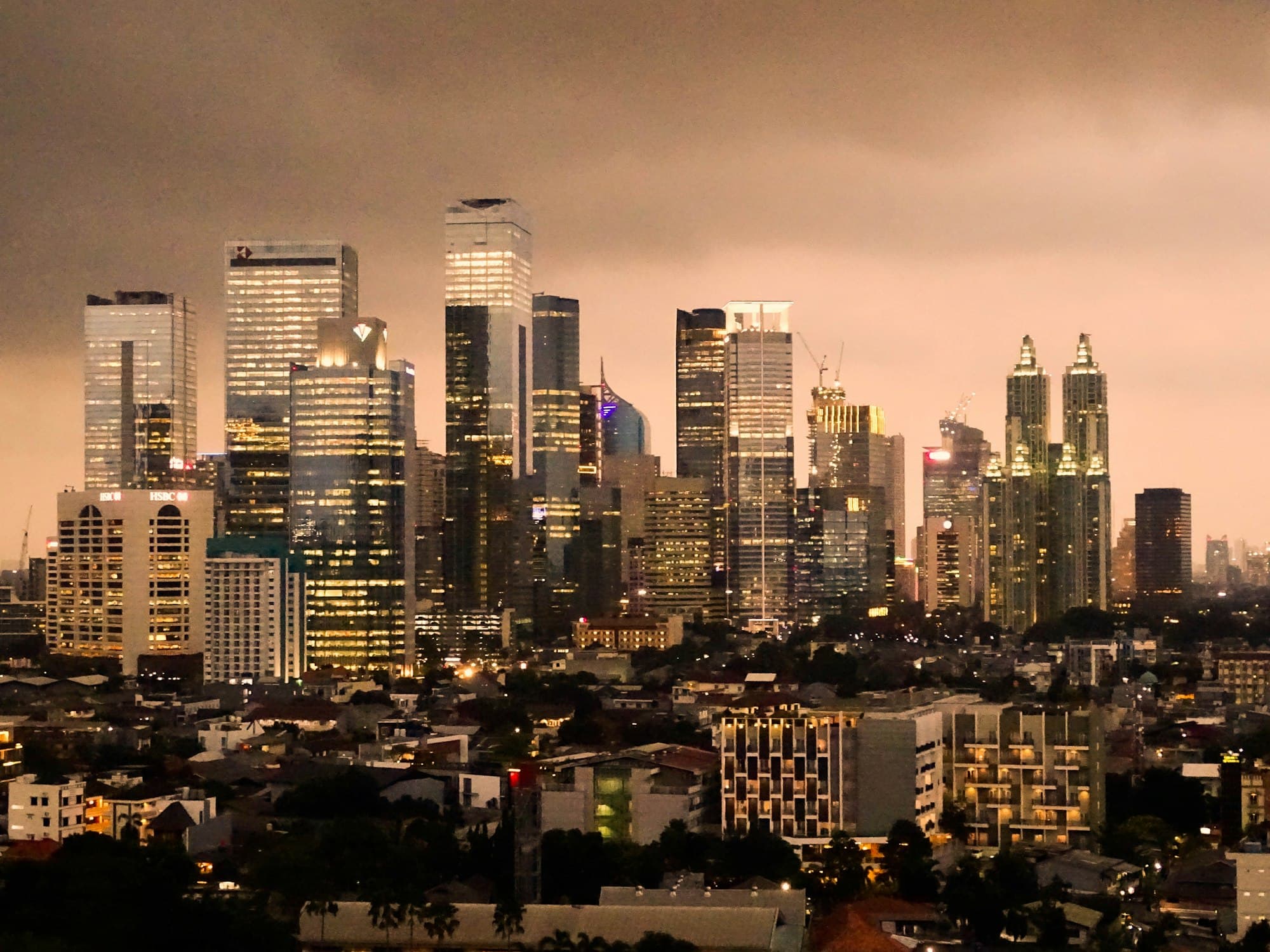 Jakarta Selatan skyline at night, lit by office and city lights
