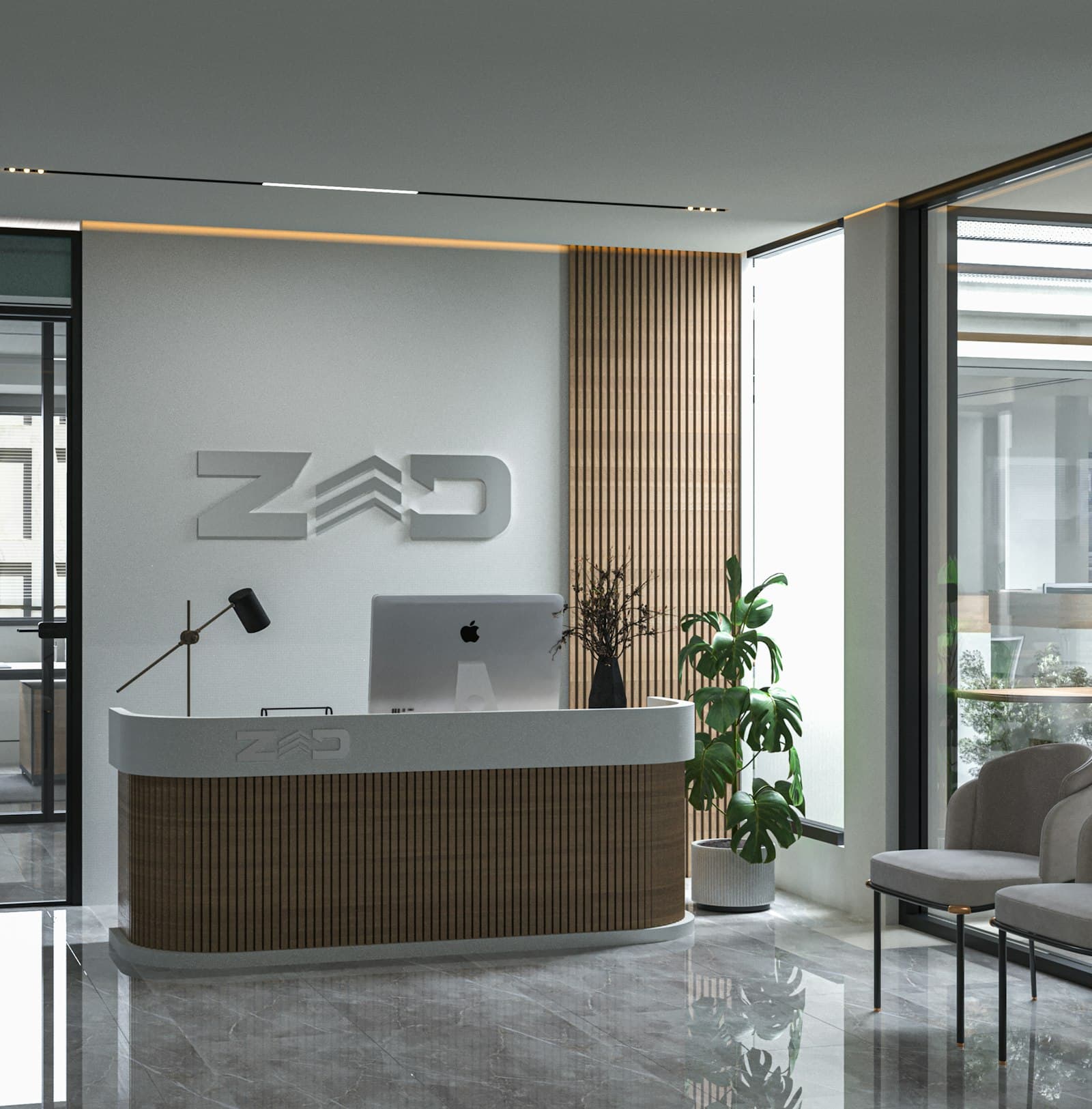 Resepsi kantor modern dengan desain minimalis